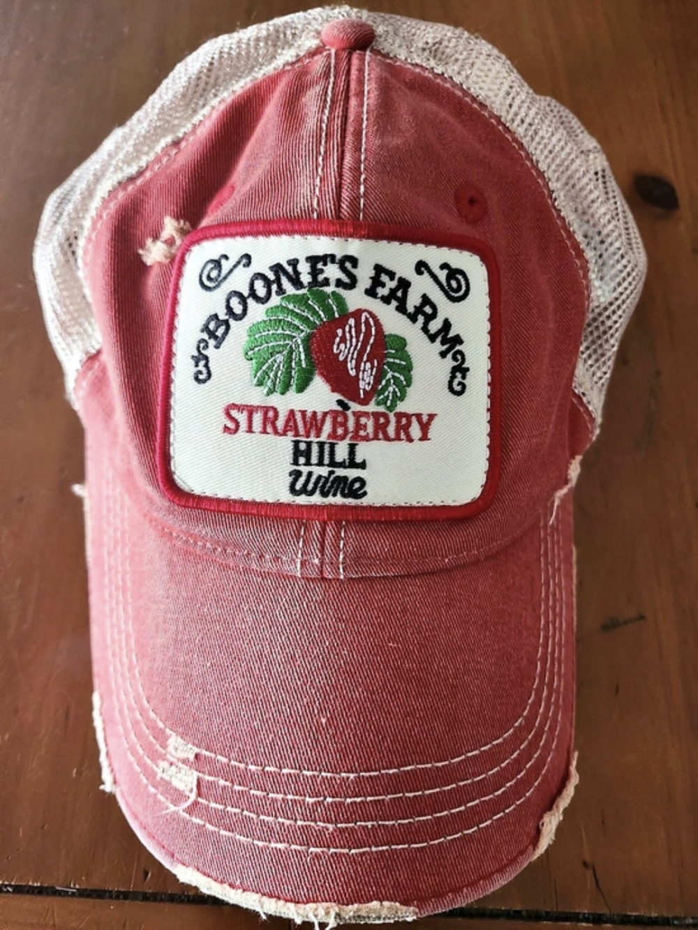 The Crooked Farm Strawberry Hill Wine trucker hat Red & White Distressed